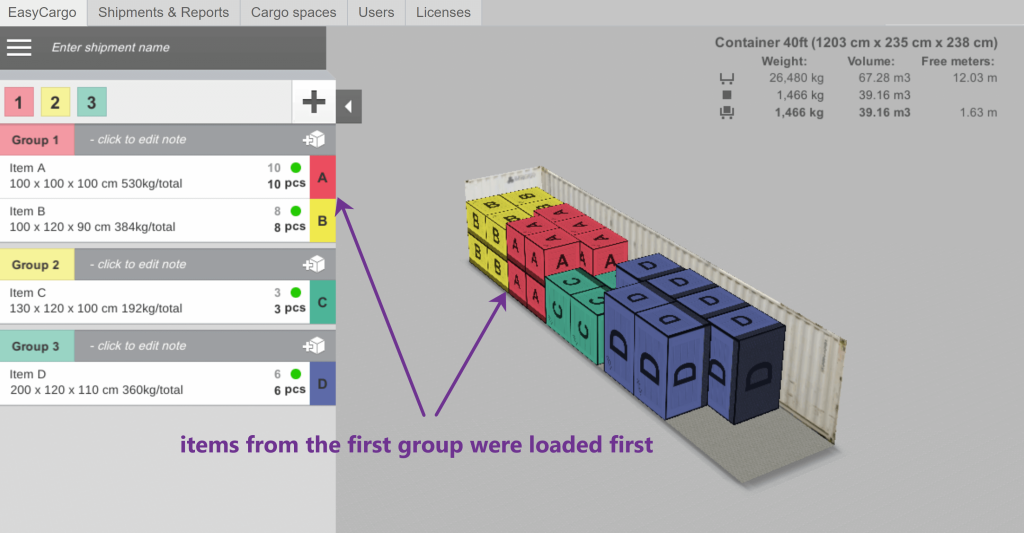 An example of Priority Groups - container loading software online free