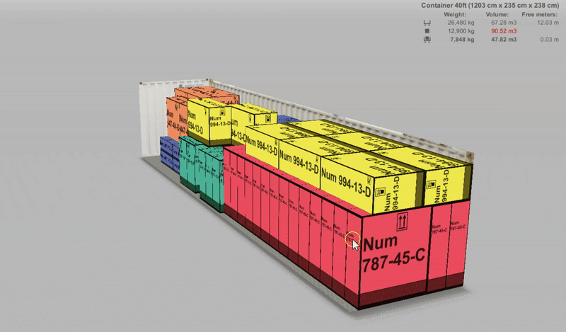 Save space and time with 3D visualisation of your load plan 3D visualisation of a container load plan on a container in EasyCargo