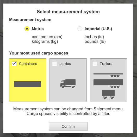 Initial setup table in EasyCargo container stuffing app