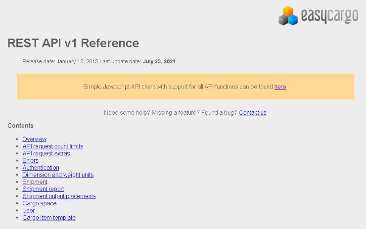 Documentación API en EasyCargo