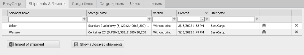 Saved shipments of user A in EasyCargo