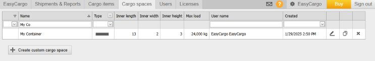How does a cargo space created via API request look like in EasyCargo software