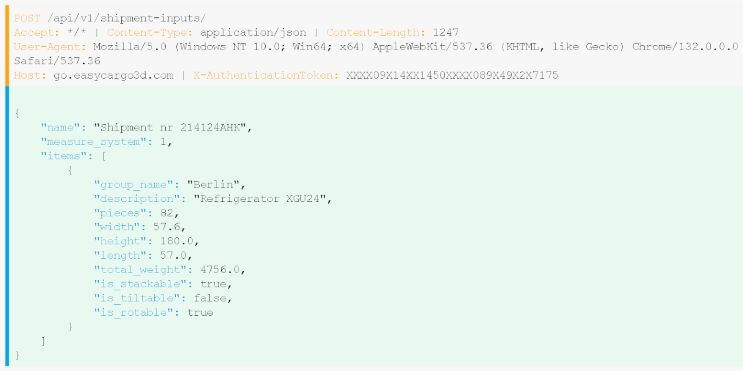 API request in ReqBin showing how to manage items to be loaded and optimized for shipping in EasyCargo