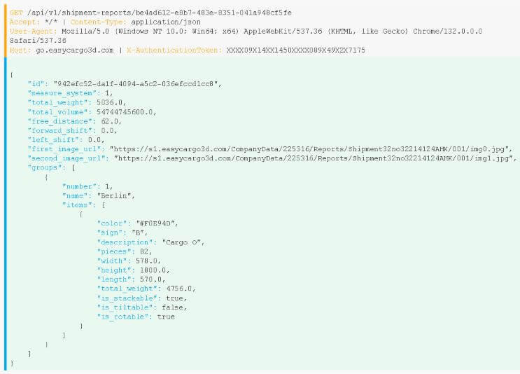API request in ReqBin showing how to create a loading plan report of optimized shipment in EasyCargo