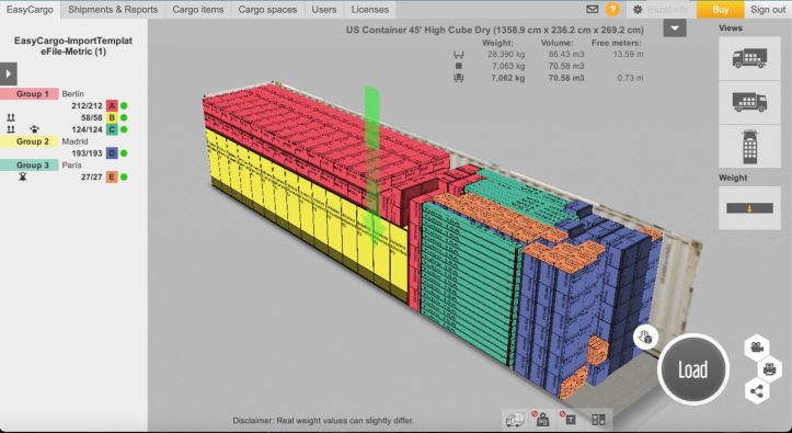 Container Load Plan with 3D View and Weight Control Enabled.