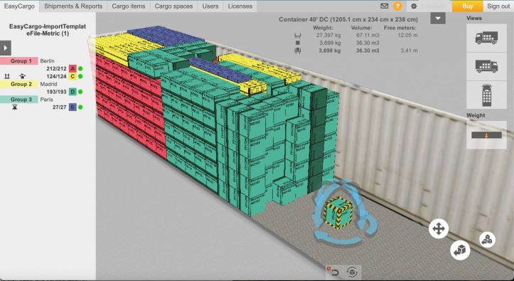 3D View of the Container Load Plan with Manual Adjustment Feature Enabled.