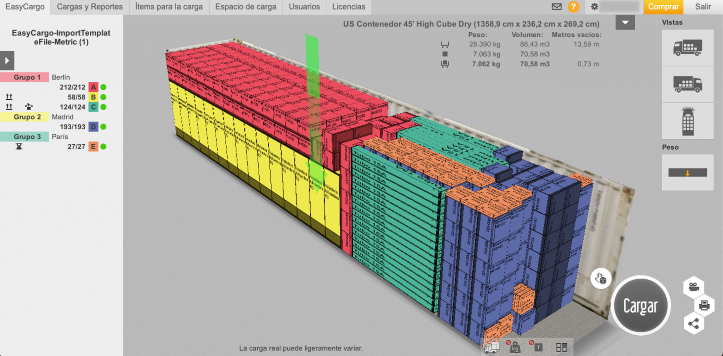 Plan de carga en contenedor con vista 3D y control de peso activado