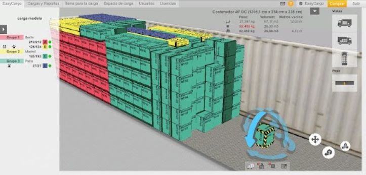 Vista del plan de carga 3D en contenedor con la función de ajustes manuales activada.