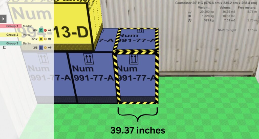 Dimensiones del espacio de carga cuando está activado el modo de carga manual Imagen de cómo funciona la visualización de las dimensiones del espacio de carga cuando se activa la carga manual en el software de cálculo de carga EasyCargo