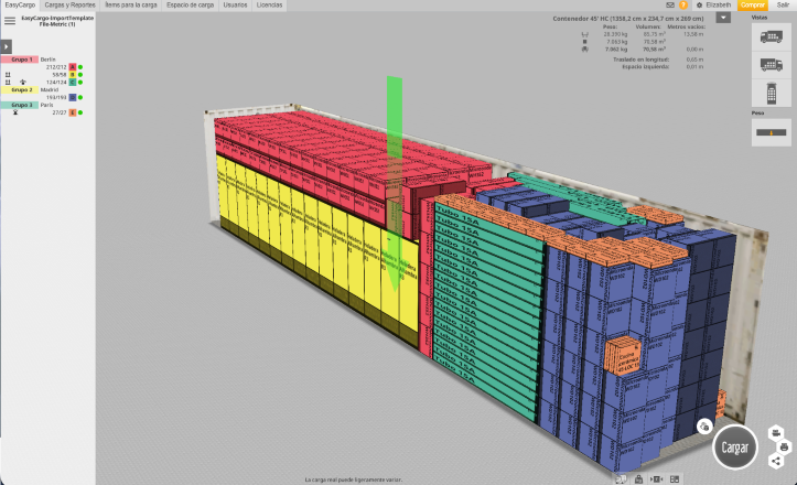 3D simulation view of cargo in a&nbsp;45' HC container in the EasyCargo application
