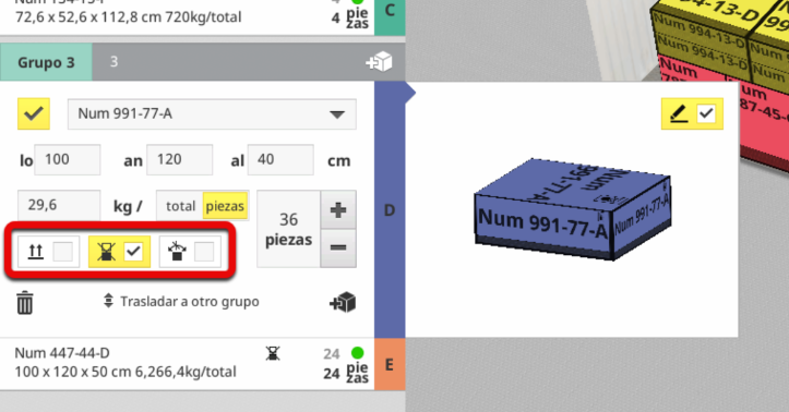 Configuración de restricciones avanzadas por ítem en EasyCargo Editor de ítem de carga de EasyCargo mostrando la configuración de restricciones de carga donde está activa la restricción de apilamiento.