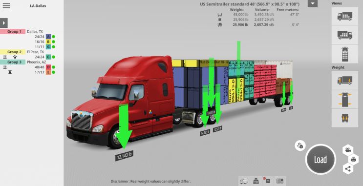 US truck load planning in EasyCargo Checking the weight distribution on a semitrailer with a Peterbilt Sleeper Cab Truck attached