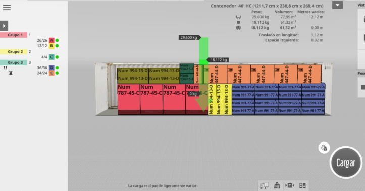 Indicadores de peso, volumen, espacio utilizado Interfaz de EasyCargo en vista lateral mostrando los datos del cálculo, peso, volumen, metros vacíos, traslado longitudinal y una flecha verde que señala los valores de peso en el contenedor.