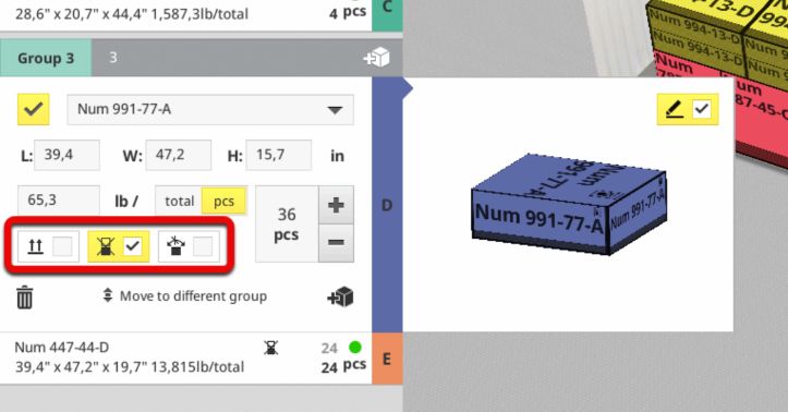 Configuration of advanced restrictions by item in EasyCargo EasyCargo cargo item editor showing the configuration of cargo restrictions where the stacking restriction is active.