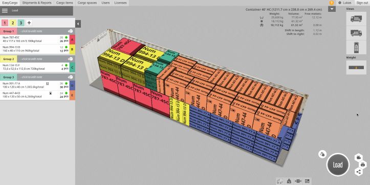 Indicators of weight, volume, used space EasyCargo interface in side view showing the calculation data, weight, volume, empty meters, longitudinal transfer, and a green arrow pointing to the weight values in the container.